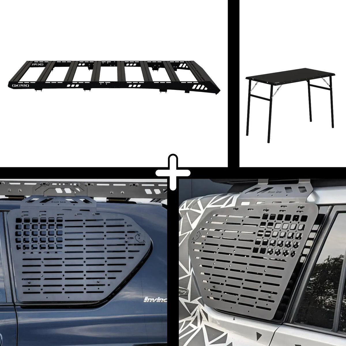 ENSEMBLE : Galerie de toit OX PRO + 2 x panneaux (gauche + droit) + table - LC150/GX460