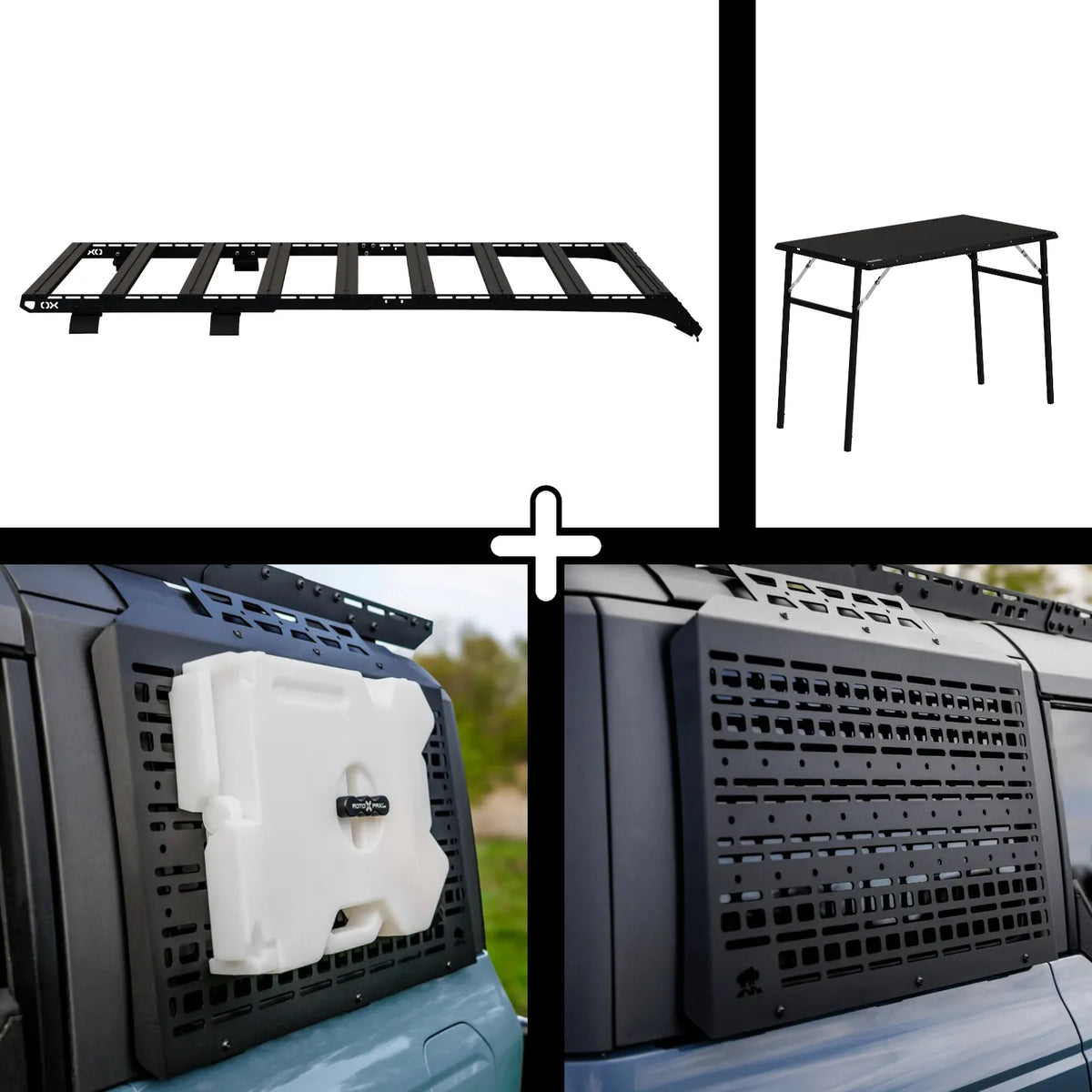 ENSEMBLE : Galerie de toit OX PRO + 2 x panneaux (gauche + droit) + table - Bronco 6G 4 portes